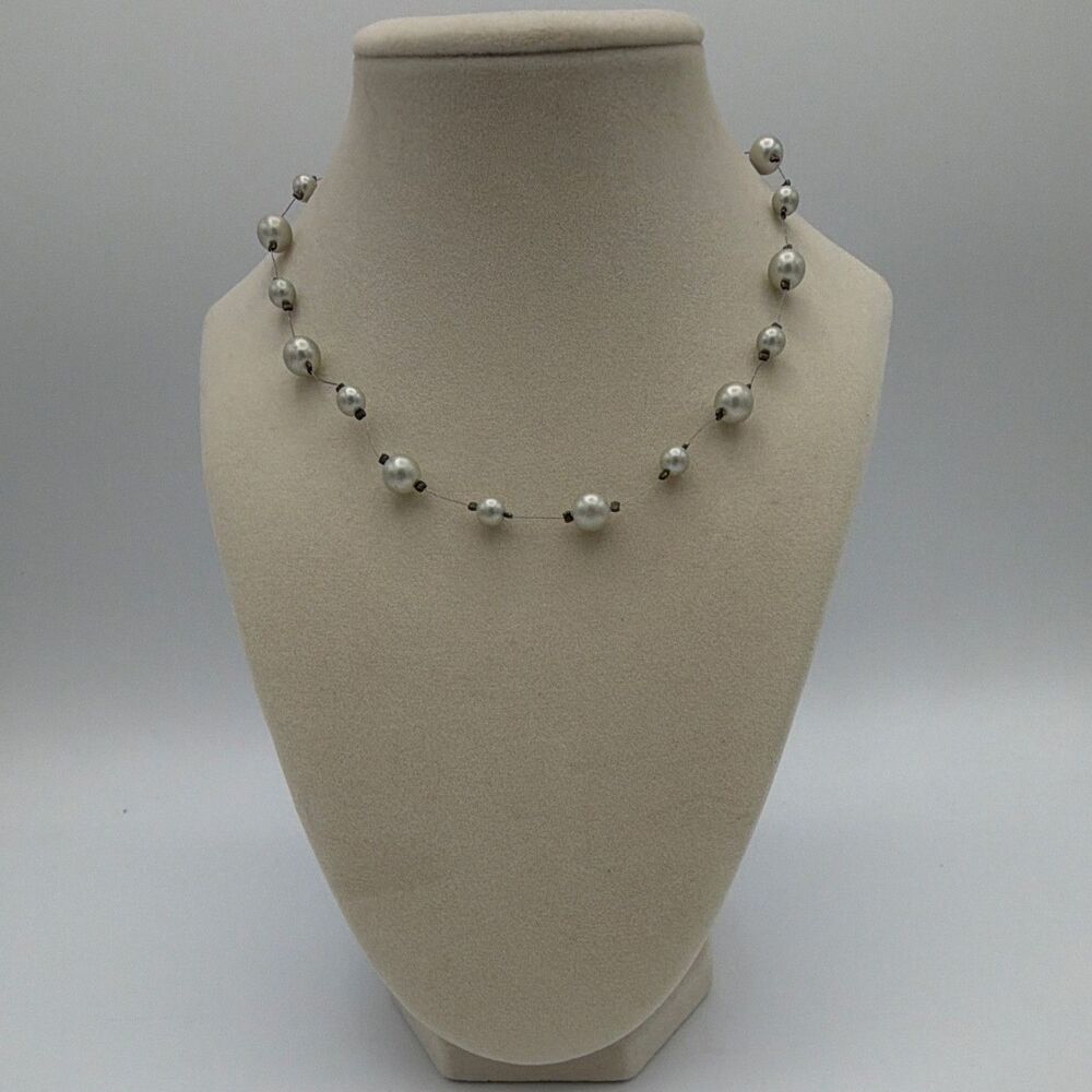 White Simulated Pearl Station Beaded Necklace Silver Tone Lobster 15 in